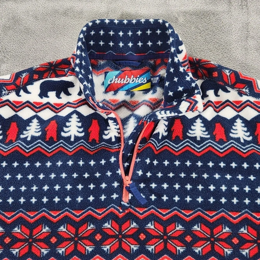 Chubbies‎ Fleece Pullover Mens Medium Blue Red Fair Isle Bear Tree Quarter Zip